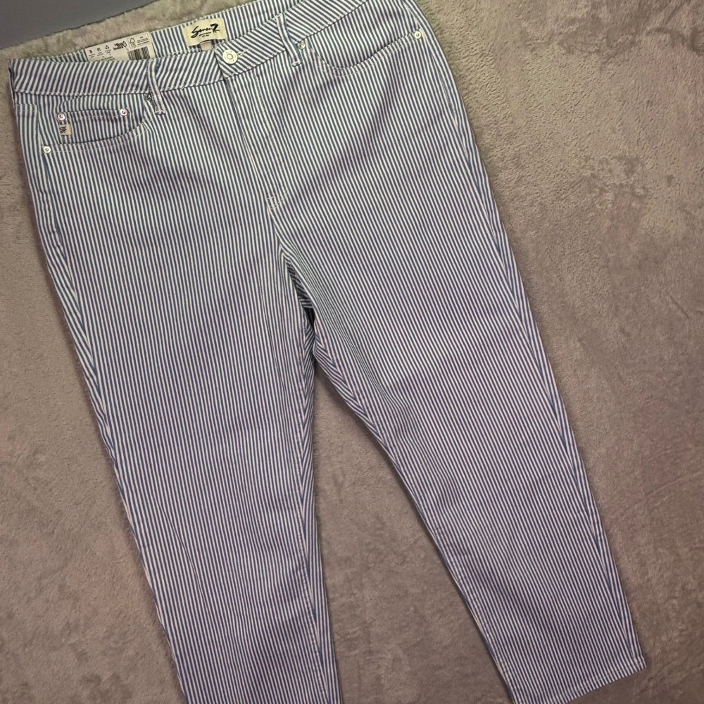Seven7 Women Jeans 16 Blue White Striped 90s Straight Leg High Rise‎ MY10158BS